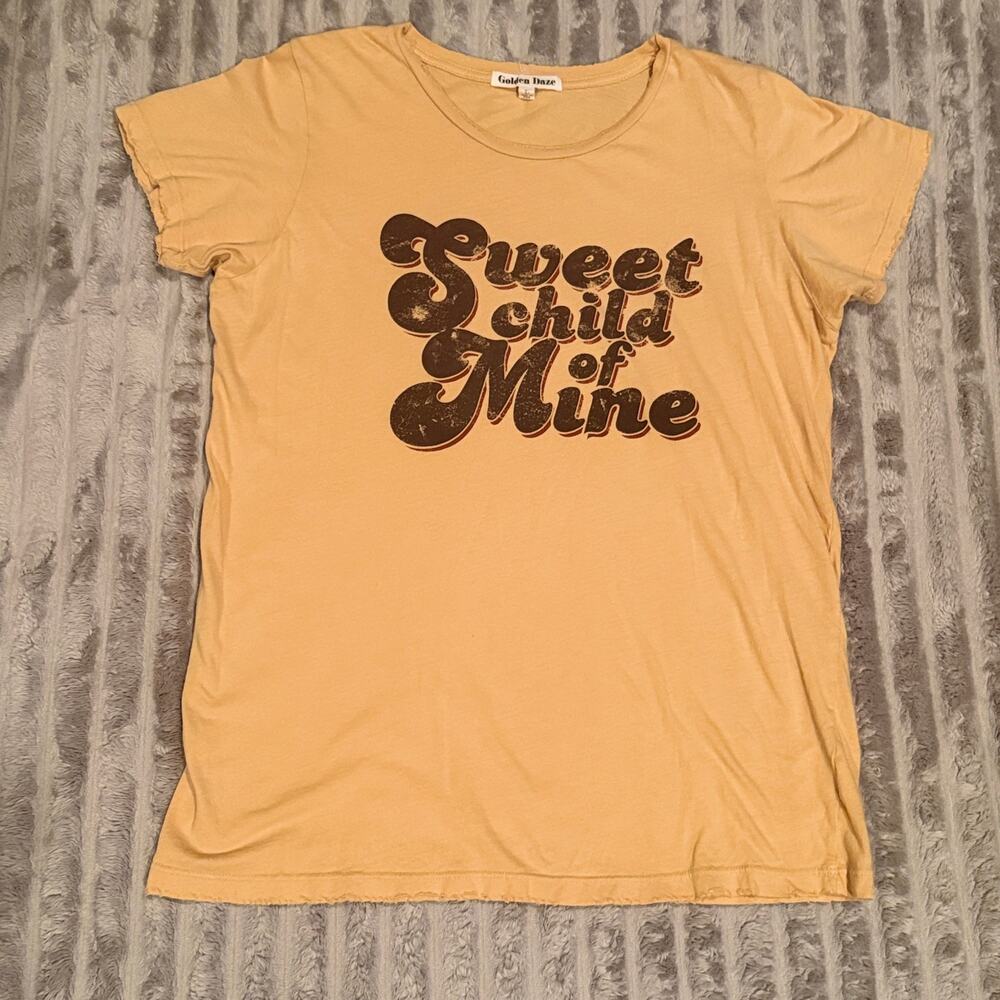 Golden Daze "Sweet Child of Mine" Distressed Graphic Tee Mustard Yellow L - Picture 2 of 6